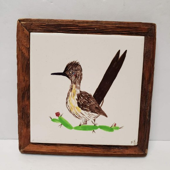 Vintage Hand Painted Tile Trivet, Mexico Roadrunner Cactus, Signed ES, Wall Art - Picture 1 of 5